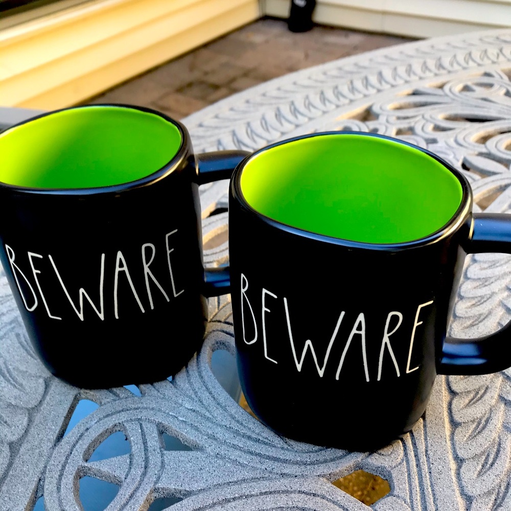 Rae Dunn Set of 2 BEWARE Halloween Black Green Mugs NEW